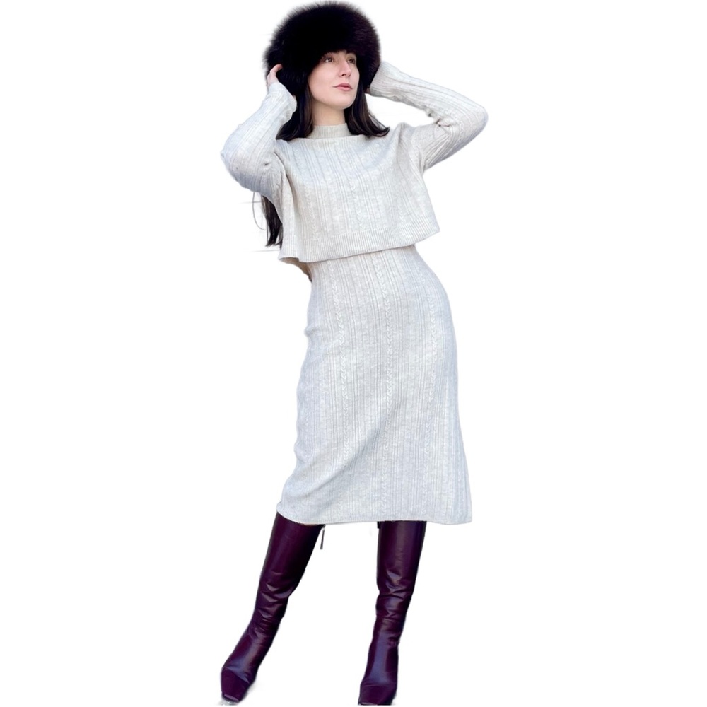 Francesca’s Cream Cableknit Layered Sweater Dress Coord Set Medium NWT